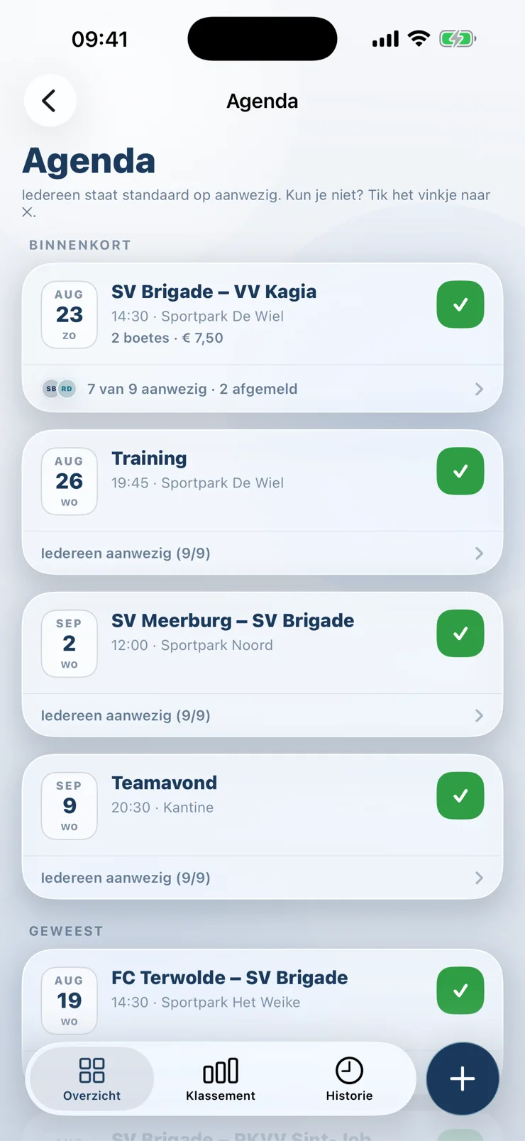 Agenda met wedstrijden, trainingen en aanwezigheid