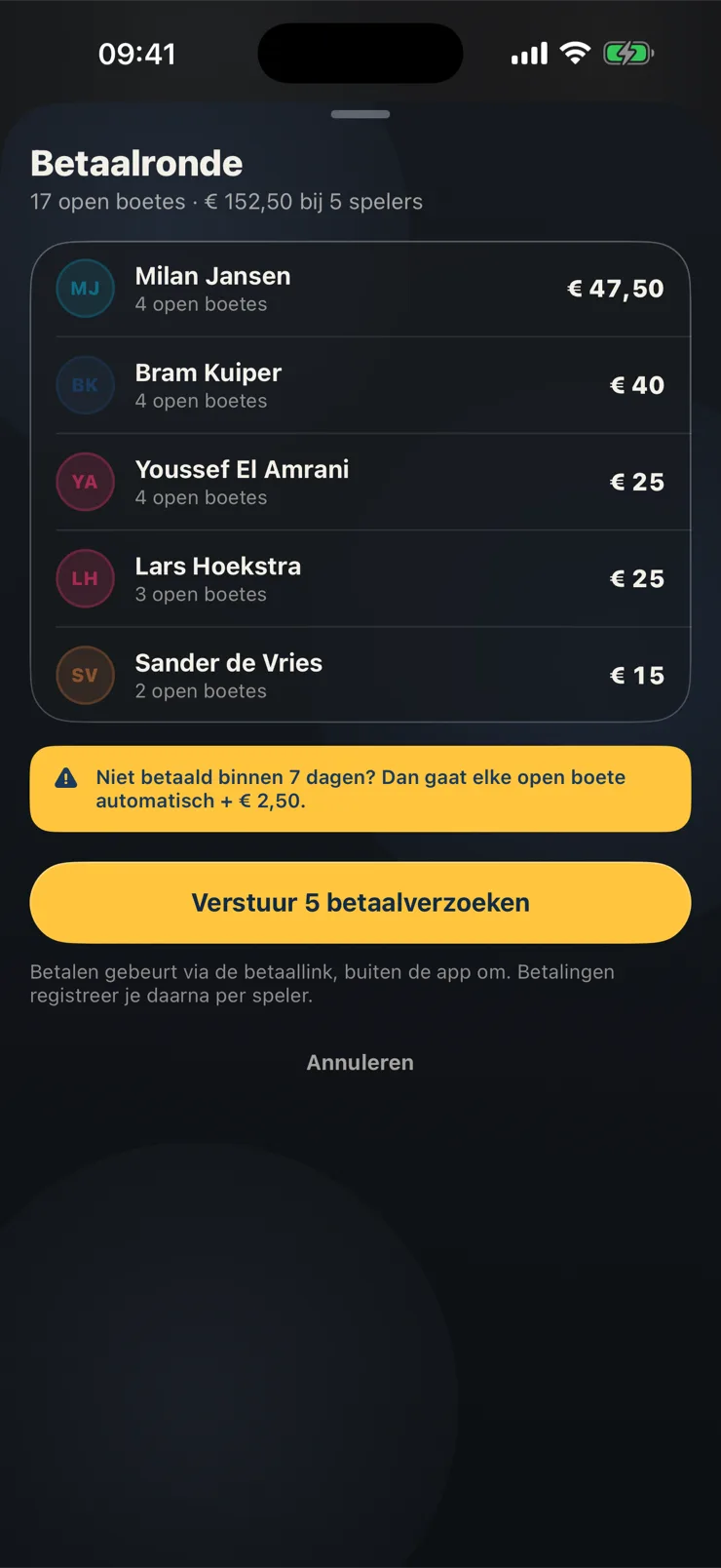 Betaalronde: verstuur betaalverzoeken naar spelers met open boetes