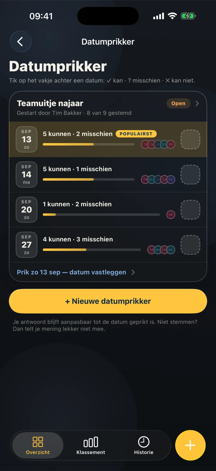 Datumprikker: het team stemt over de datum van het teamuitje